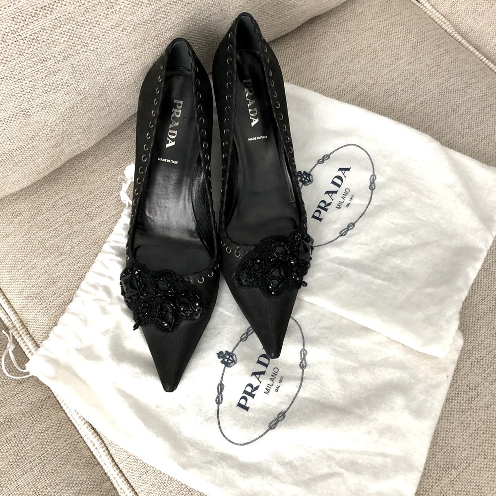 Prada black leather pumps with beaded trim 2.5 inch heel
